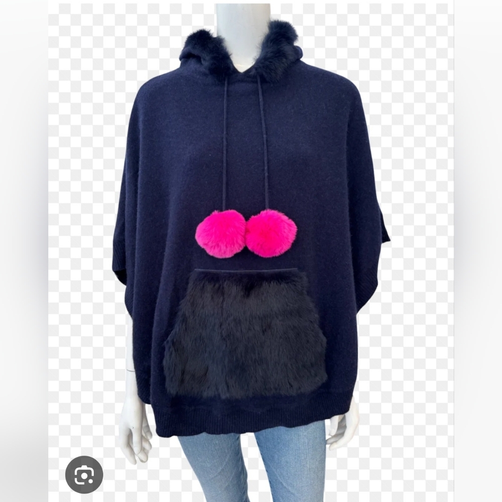 Cortland Park Val Thornes Navy Hot Pink Pom Pom Cashmere Poncho Sweater S SM NWT